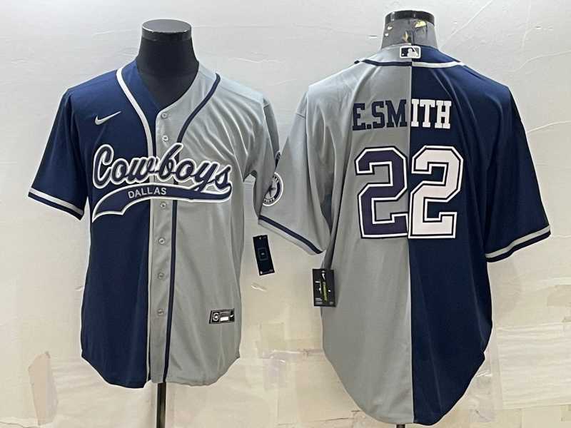Mens Dallas Cowboys #22 Emmitt Smith Navy Grey Split With Patch Cool Base Stitched Baseball Jersey